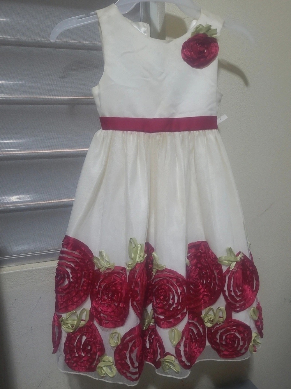 Girls Ivory Dress with Pink Rose Appliqués